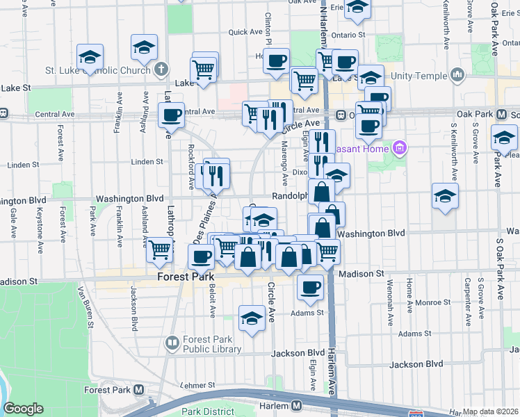 map of restaurants, bars, coffee shops, grocery stores, and more near 7314 Randolph Street in Forest Park