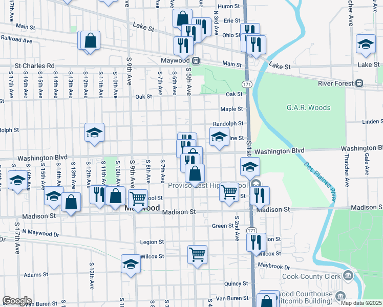 map of restaurants, bars, coffee shops, grocery stores, and more near 519 South 5th Avenue in Maywood