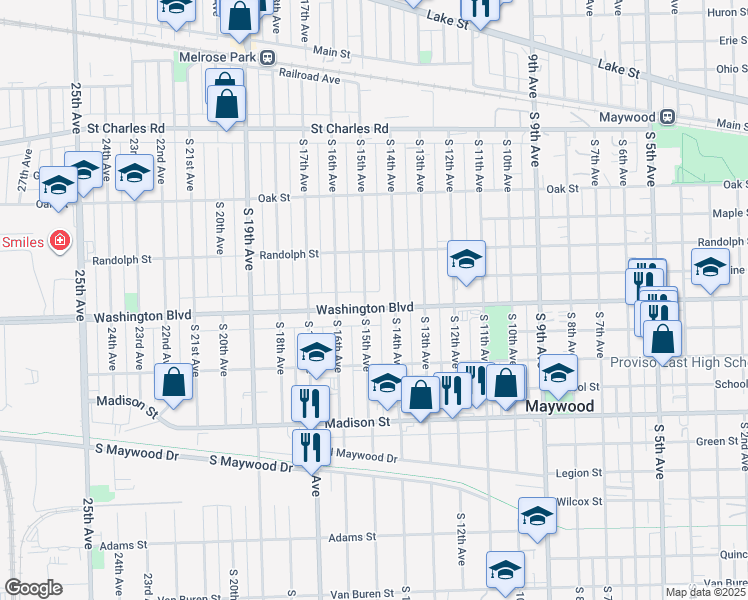 map of restaurants, bars, coffee shops, grocery stores, and more near 432 South 14th Avenue in Maywood