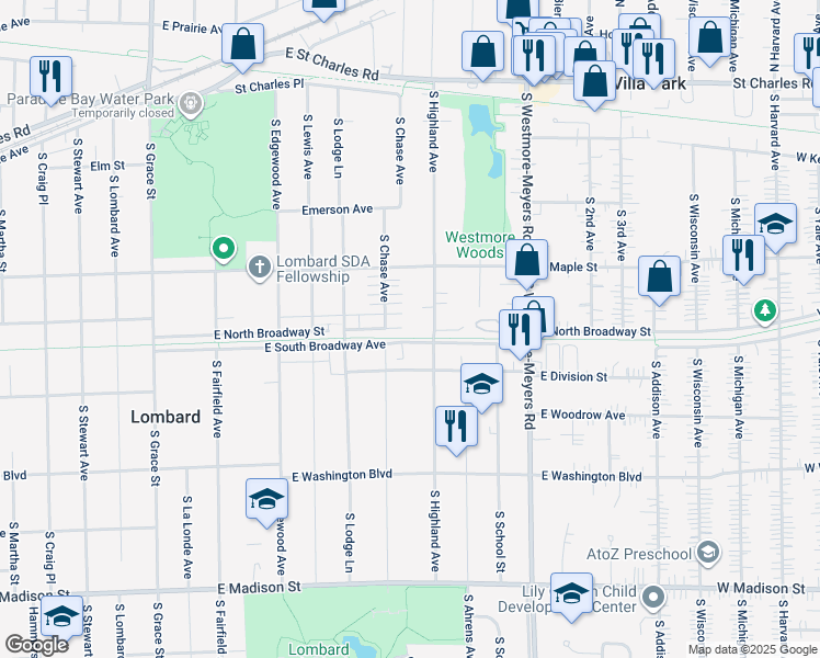 map of restaurants, bars, coffee shops, grocery stores, and more near 740 East North Broadway Street in Lombard