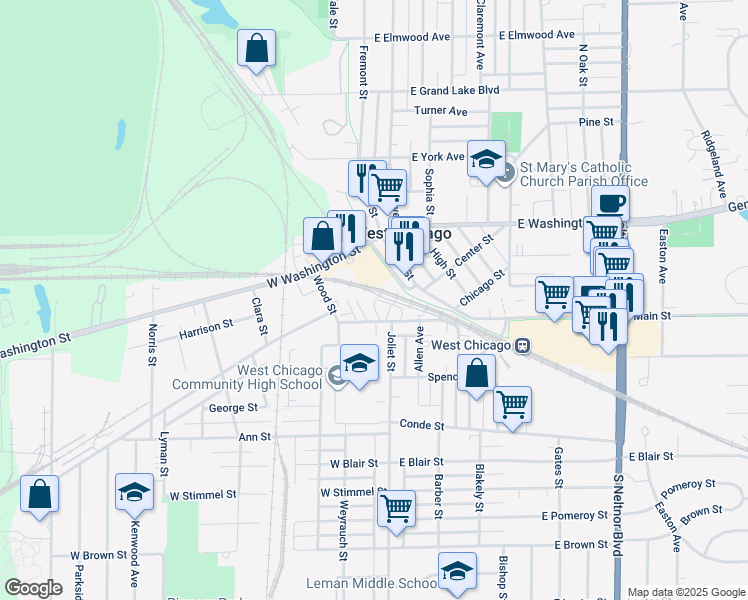 map of restaurants, bars, coffee shops, grocery stores, and more near 209 Turner Court in West Chicago