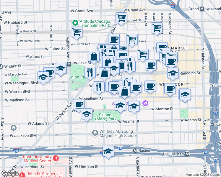 map of restaurants, bars, coffee shops, grocery stores, and more near 1340 West Washington Boulevard in Chicago
