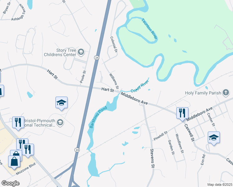 map of restaurants, bars, coffee shops, grocery stores, and more near 275 Williams Street in Taunton