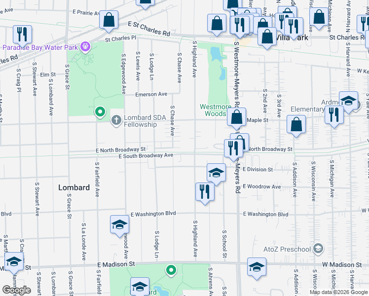 map of restaurants, bars, coffee shops, grocery stores, and more near 740 East North Broadway Street in Lombard