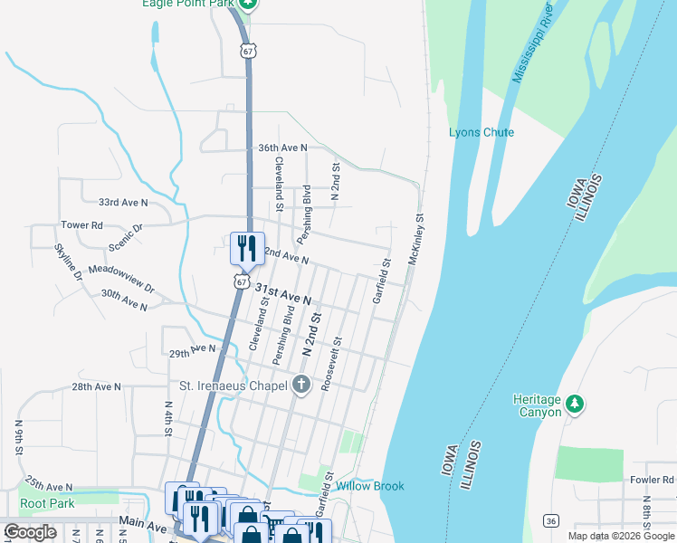 map of restaurants, bars, coffee shops, grocery stores, and more near 100 32nd Avenue North in Clinton