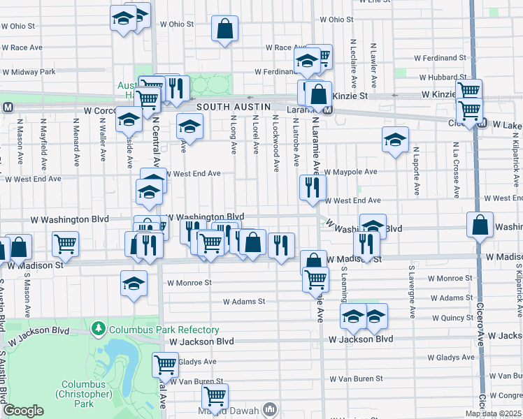 map of restaurants, bars, coffee shops, grocery stores, and more near 113 North Lorel Avenue in Chicago