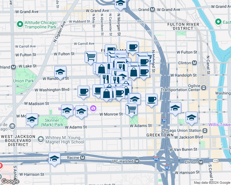 map of restaurants, bars, coffee shops, grocery stores, and more near 1015 West Washington Boulevard in Chicago