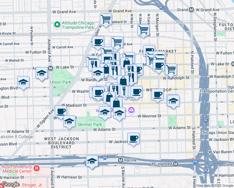 map of restaurants, bars, coffee shops, grocery stores, and more near 1243 West Washington Boulevard in Chicago