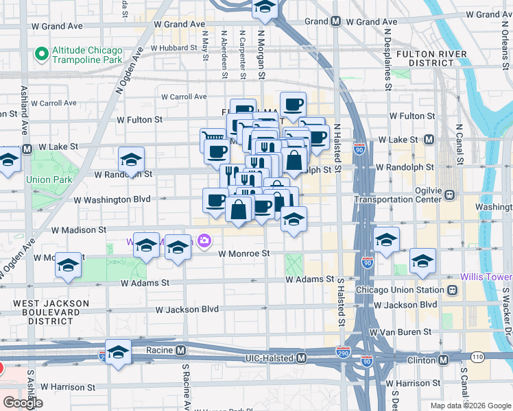map of restaurants, bars, coffee shops, grocery stores, and more near 1005 West Washington Boulevard in Chicago