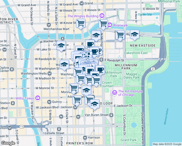 map of restaurants, bars, coffee shops, grocery stores, and more near 111 North State Street in Chicago