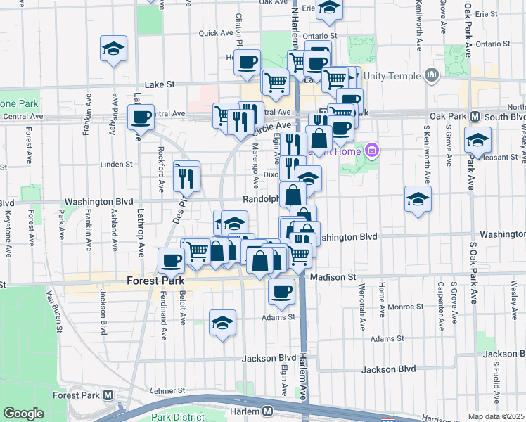 map of restaurants, bars, coffee shops, grocery stores, and more near 212 Marengo Avenue in Forest Park