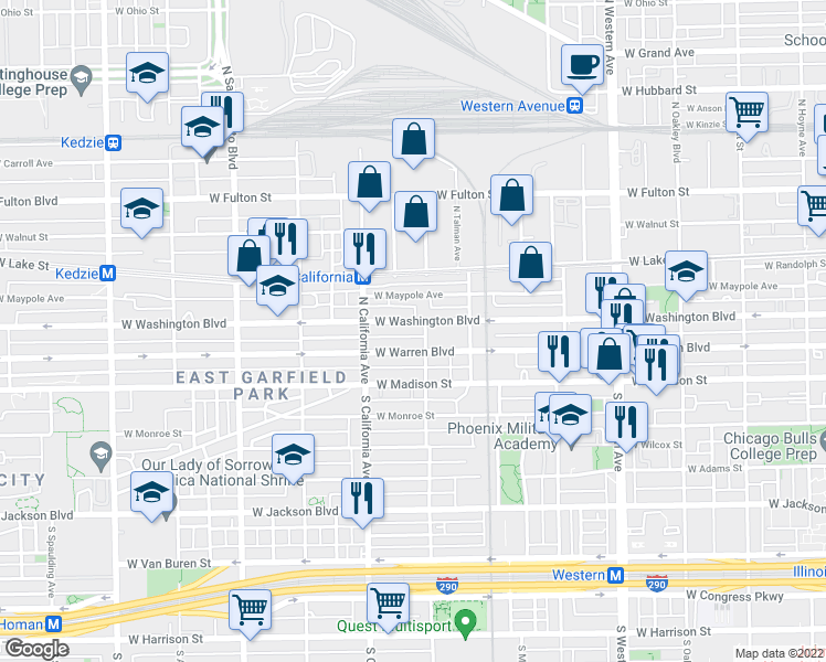 map of restaurants, bars, coffee shops, grocery stores, and more near 2710 West Washington Boulevard in Chicago