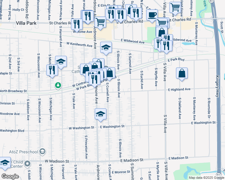 map of restaurants, bars, coffee shops, grocery stores, and more near 40 East Highland Avenue in Villa Park