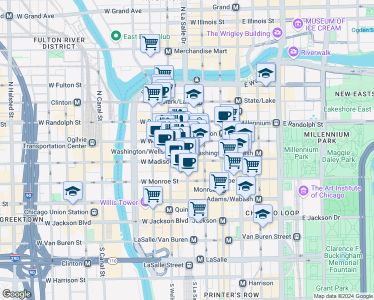 map of restaurants, bars, coffee shops, grocery stores, and more near 30 North LaSalle Street in Chicago