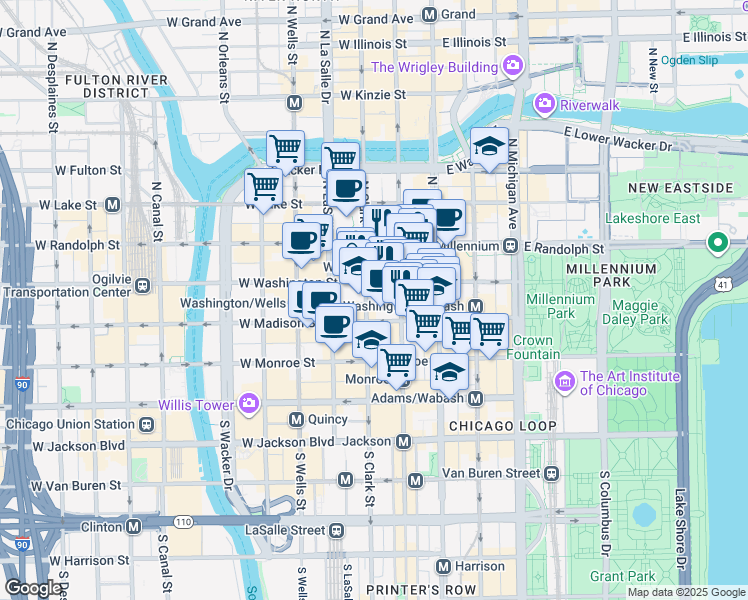 map of restaurants, bars, coffee shops, grocery stores, and more near 69 West Washington Street in Chicago