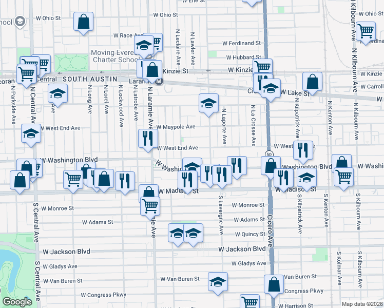map of restaurants, bars, coffee shops, grocery stores, and more near in Chicago
