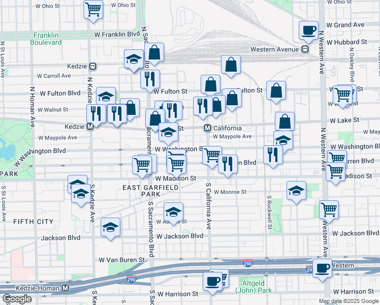 map of restaurants, bars, coffee shops, grocery stores, and more near 2837 West Washington Boulevard in Chicago
