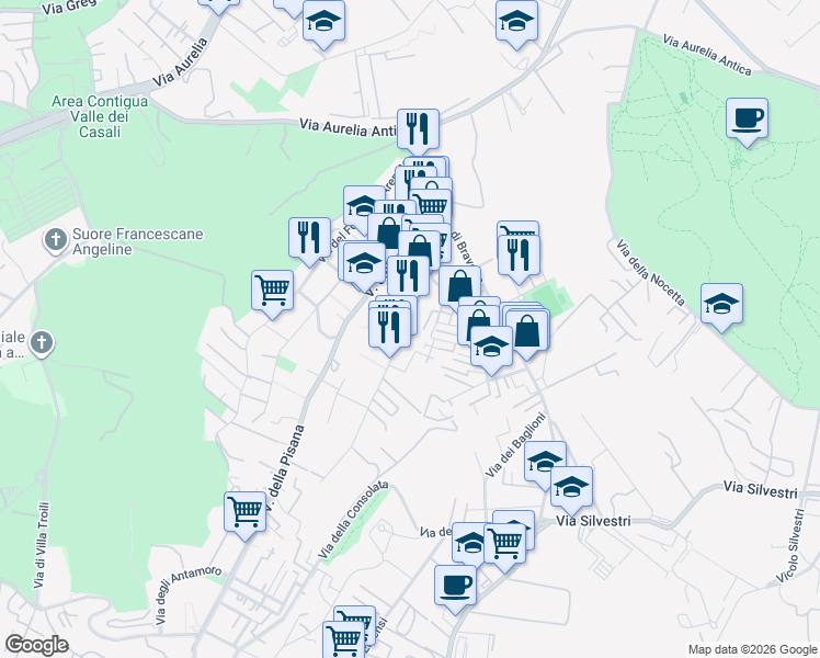 map of restaurants, bars, coffee shops, grocery stores, and more near 87 Via dei Gonzaga in Roma