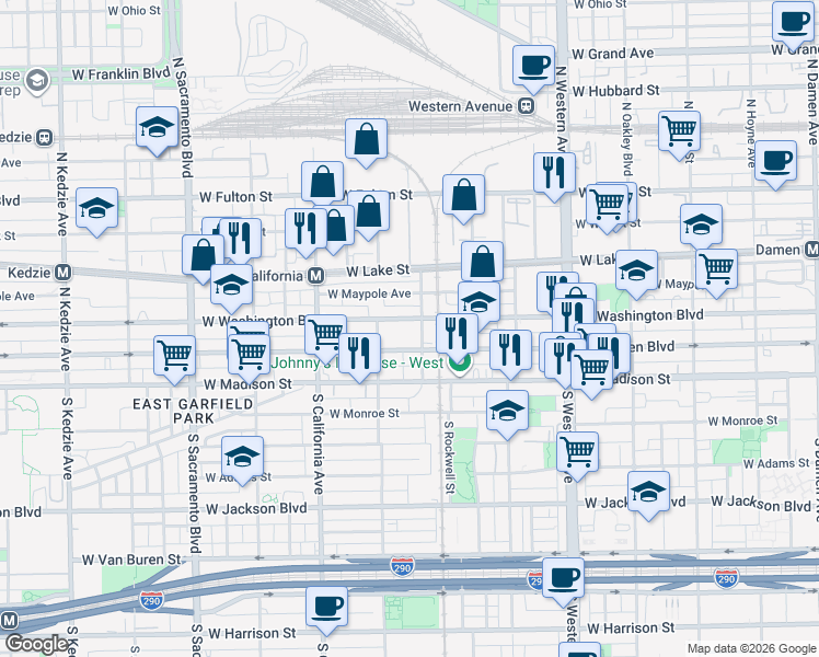 map of restaurants, bars, coffee shops, grocery stores, and more near 2651 West Washington Boulevard in Chicago