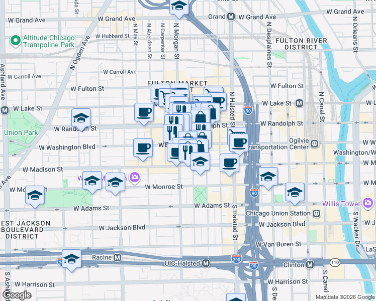 map of restaurants, bars, coffee shops, grocery stores, and more near 939 West Washington Boulevard in Chicago