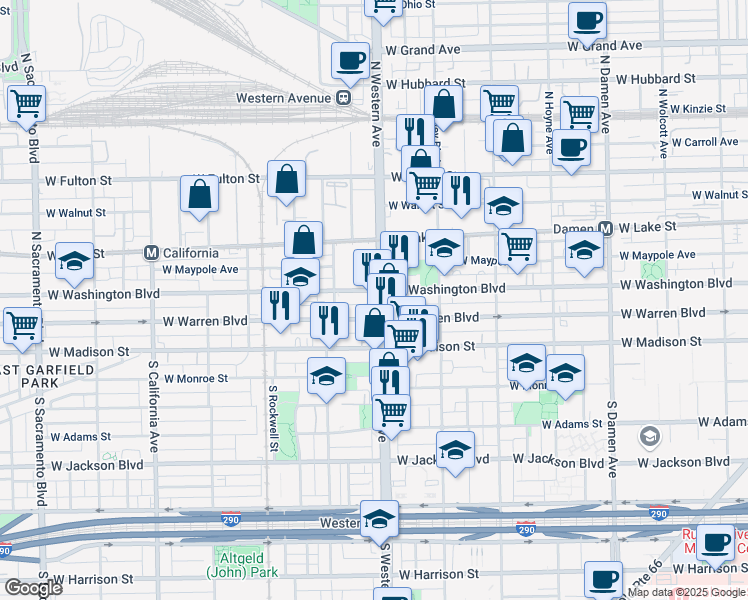 map of restaurants, bars, coffee shops, grocery stores, and more near 50 North Western Avenue in Chicago