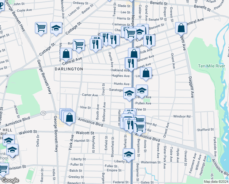 map of restaurants, bars, coffee shops, grocery stores, and more near 190 Saratoga Avenue in Pawtucket