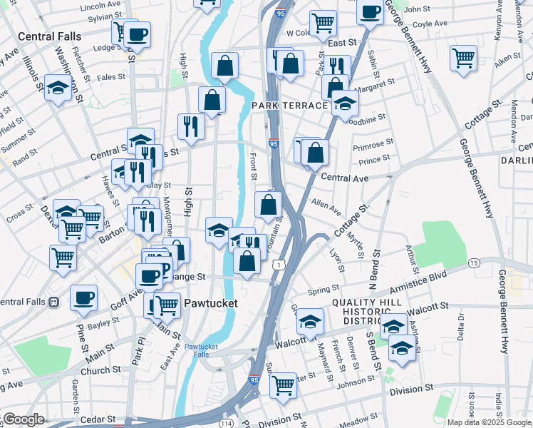 map of restaurants, bars, coffee shops, grocery stores, and more near 46 Middle Street in Pawtucket