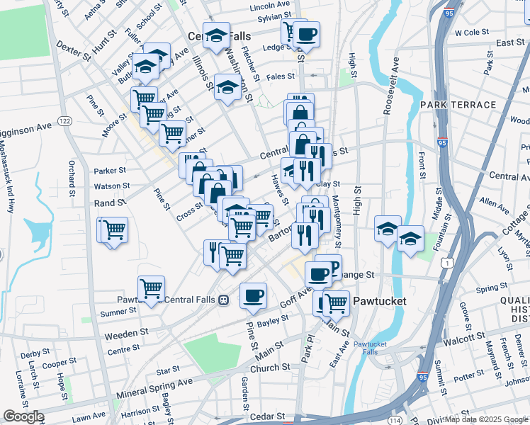 map of restaurants, bars, coffee shops, grocery stores, and more near 84 Olive Street in Central Falls