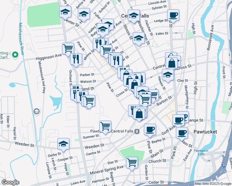 map of restaurants, bars, coffee shops, grocery stores, and more near 61 Knight Street in Central Falls