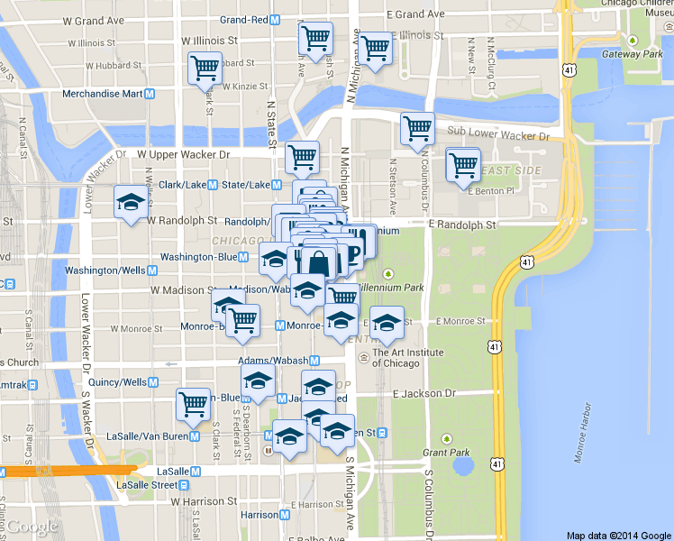 map of restaurants, bars, coffee shops, grocery stores, and more near 30 North Michigan Avenue in Chicago