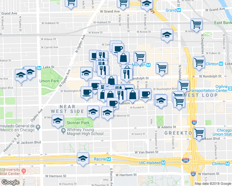 map of restaurants, bars, coffee shops, grocery stores, and more near in Chicago