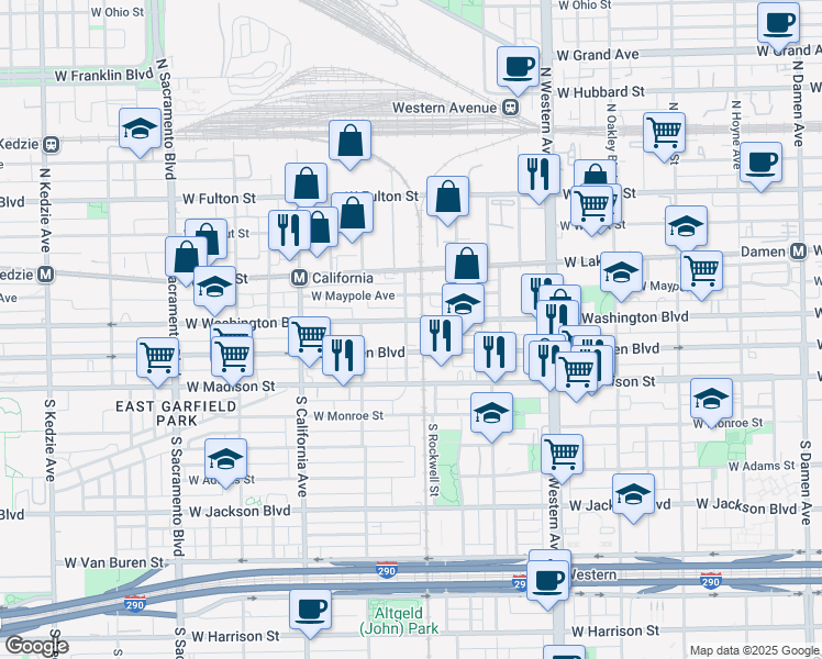 map of restaurants, bars, coffee shops, grocery stores, and more near 2604 West Washington Boulevard in Chicago
