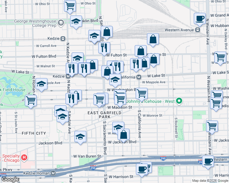 map of restaurants, bars, coffee shops, grocery stores, and more near 2944 West Washington Boulevard in Chicago