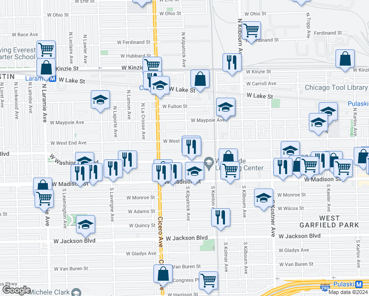 map of restaurants, bars, coffee shops, grocery stores, and more near 4663 West West End Avenue in Chicago