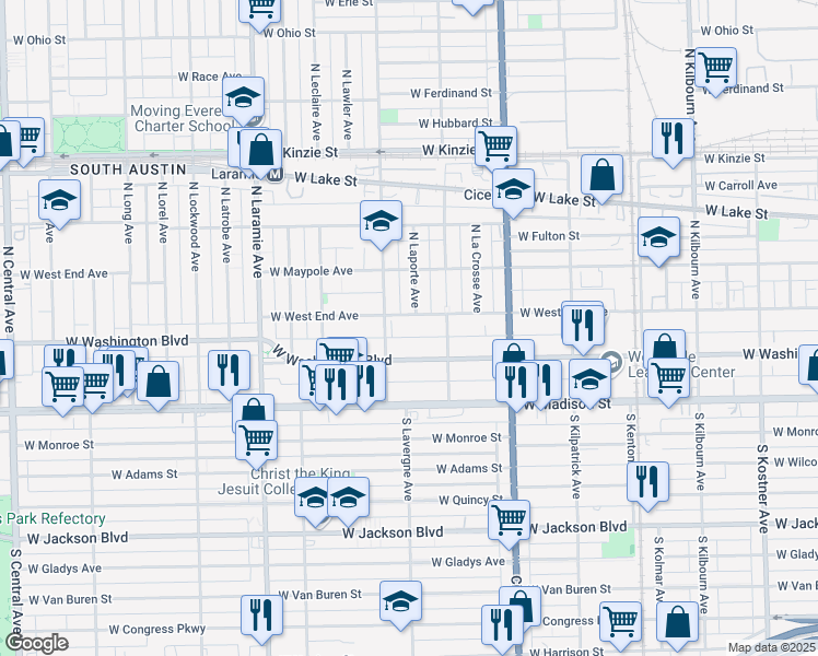 map of restaurants, bars, coffee shops, grocery stores, and more near 4951 West West End Avenue in Chicago