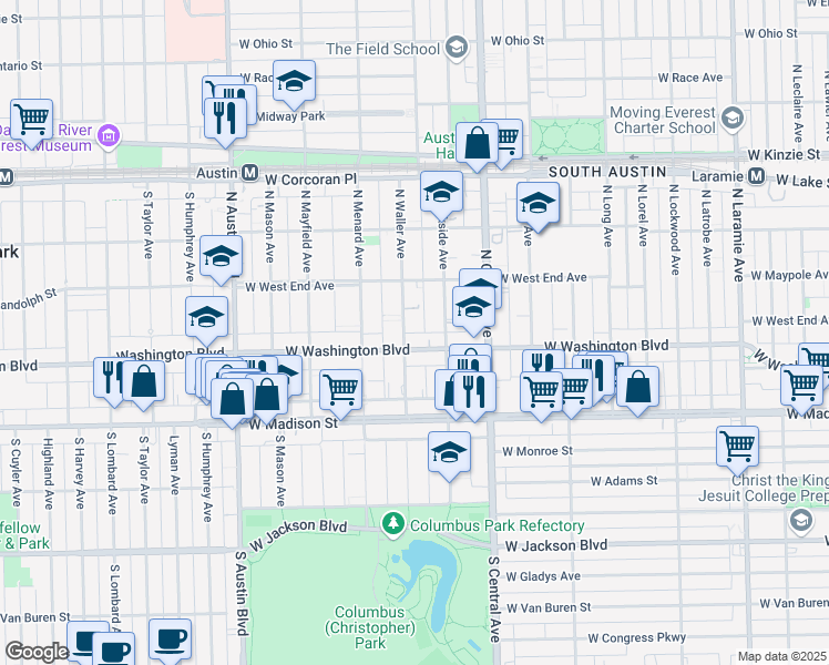 map of restaurants, bars, coffee shops, grocery stores, and more near 125 North Waller Avenue in Chicago