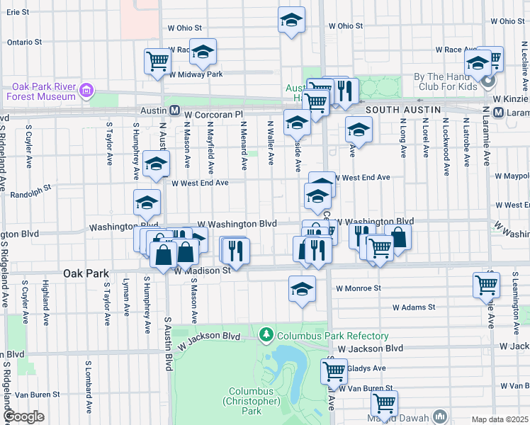 map of restaurants, bars, coffee shops, grocery stores, and more near 125 North Waller Avenue in Chicago