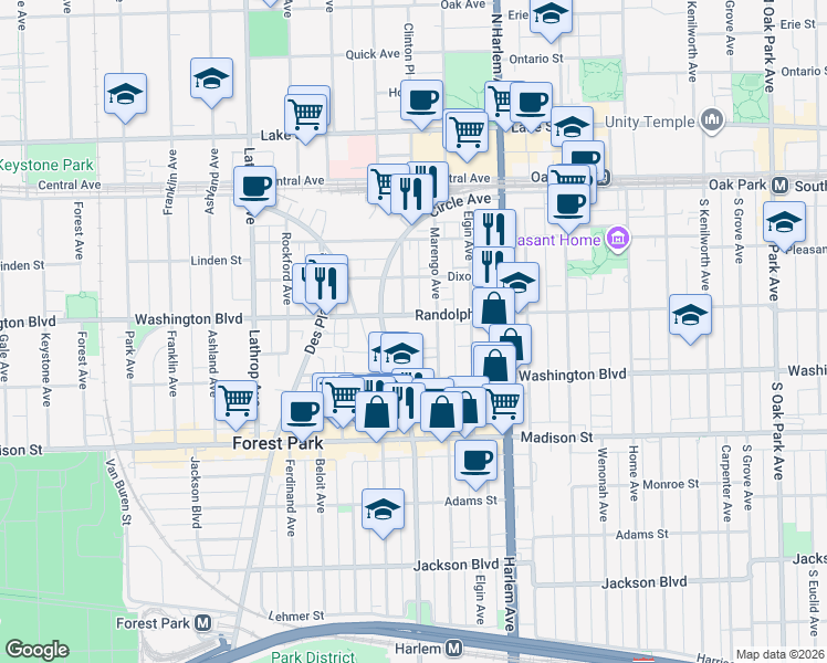 map of restaurants, bars, coffee shops, grocery stores, and more near 7314 Randolph Street in Forest Park