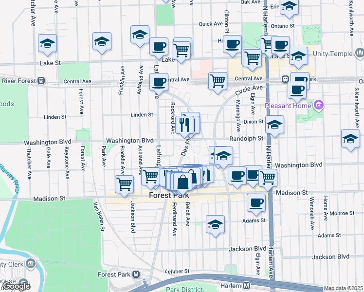 map of restaurants, bars, coffee shops, grocery stores, and more near 7510 Randolph Street in Forest Park