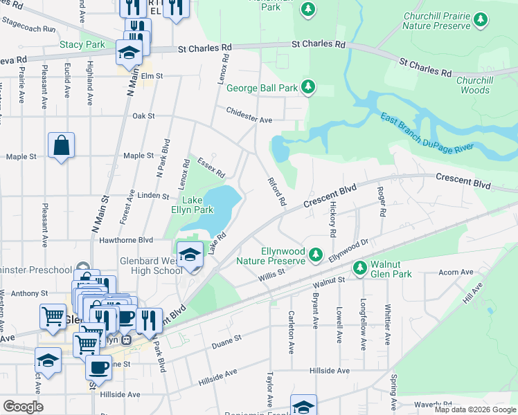 map of restaurants, bars, coffee shops, grocery stores, and more near 645 Lake Road in Glen Ellyn