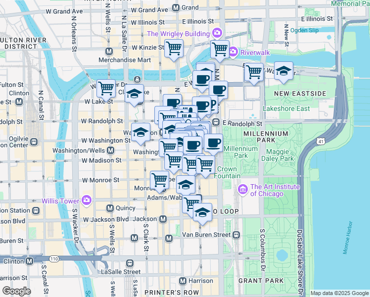 map of restaurants, bars, coffee shops, grocery stores, and more near 111 North State Street in Chicago