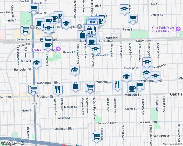 map of restaurants, bars, coffee shops, grocery stores, and more near 317 South Oak Park Avenue in Oak Park