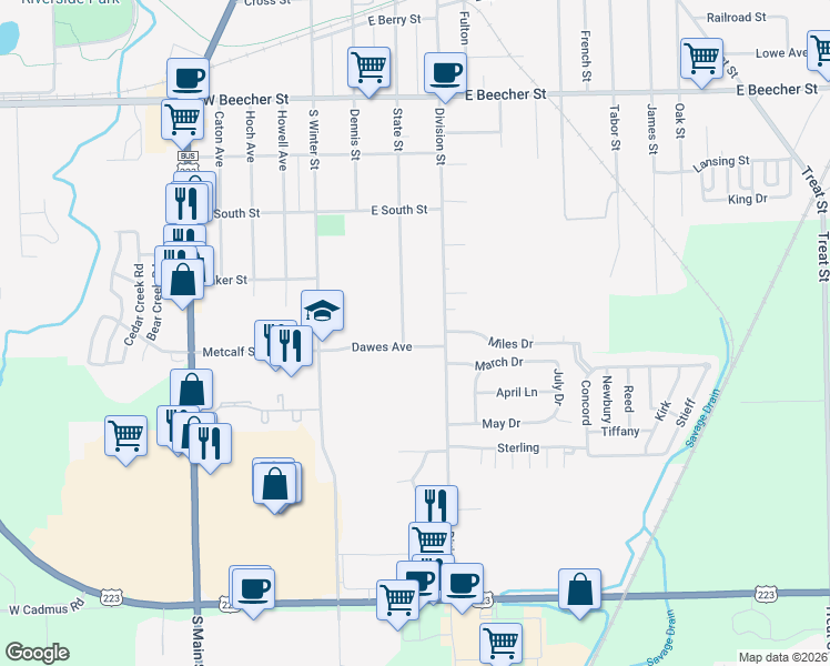 map of restaurants, bars, coffee shops, grocery stores, and more near 1015 State Street in Adrian