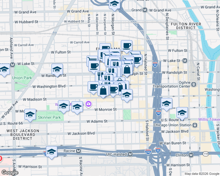 map of restaurants, bars, coffee shops, grocery stores, and more near in Chicago