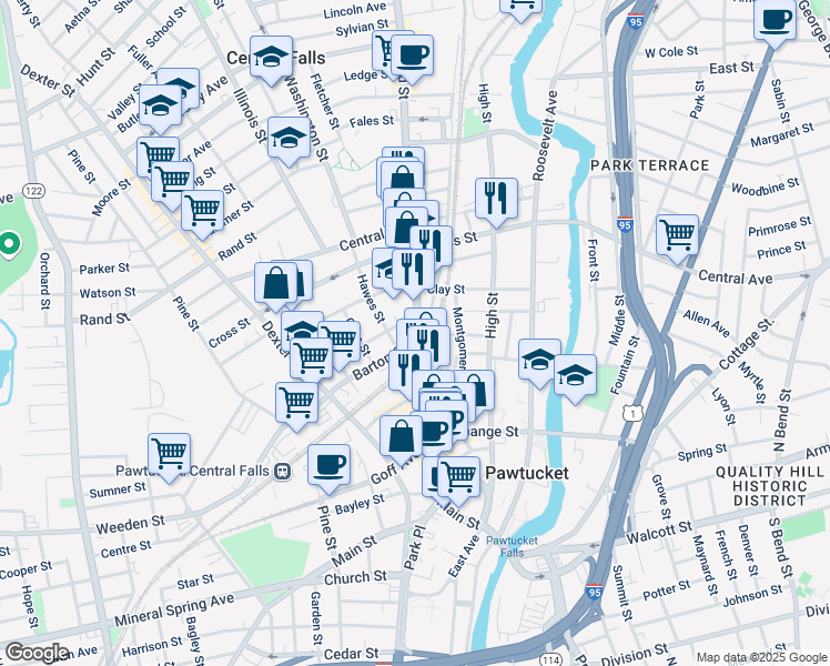 map of restaurants, bars, coffee shops, grocery stores, and more near 204 Broad Street in Pawtucket