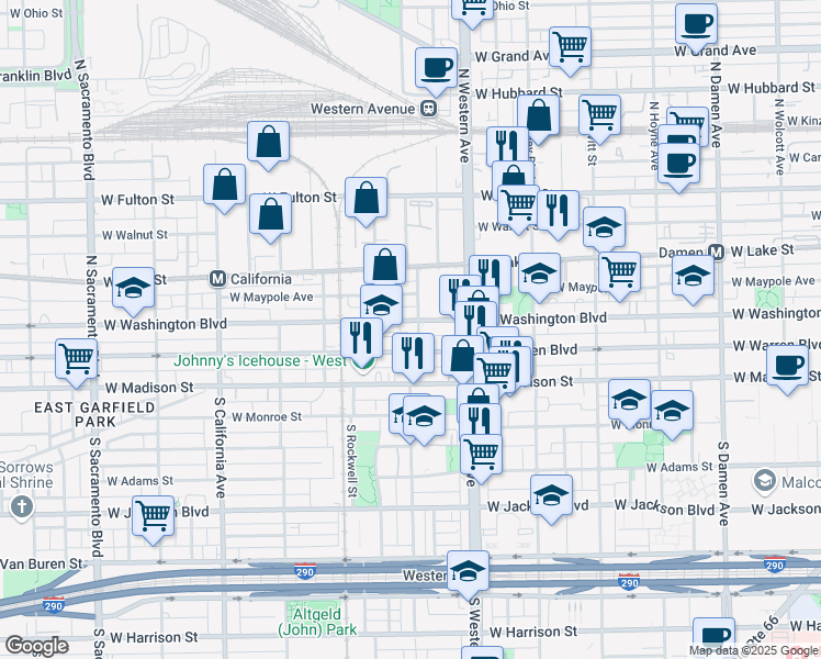 map of restaurants, bars, coffee shops, grocery stores, and more near 2500 West Washington Boulevard in Chicago