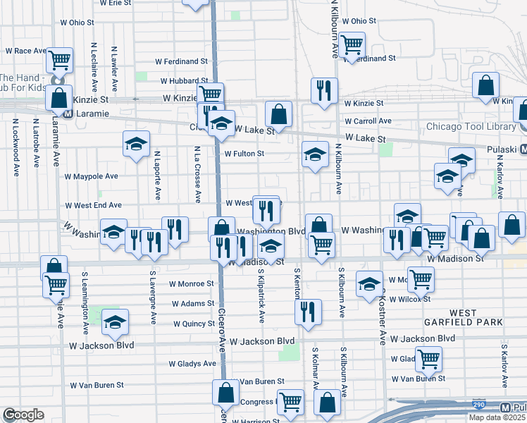 map of restaurants, bars, coffee shops, grocery stores, and more near 4663 West West End Avenue in Chicago