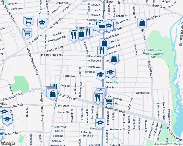 map of restaurants, bars, coffee shops, grocery stores, and more near 190 Saratoga Avenue in Pawtucket