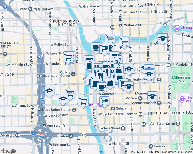 map of restaurants, bars, coffee shops, grocery stores, and more near 27 North Wacker Drive in Chicago