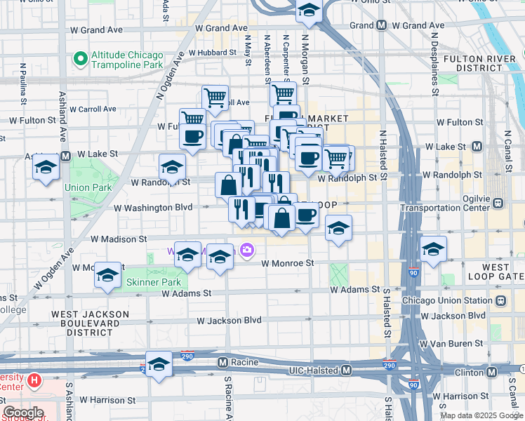 map of restaurants, bars, coffee shops, grocery stores, and more near 1123 West Washington Boulevard in Chicago